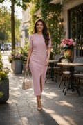 Blush Pink Ribbed Knit Midi Dress with Gold Button Detail