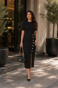 Black Ribbed Knit Midi Dress with Gold Button