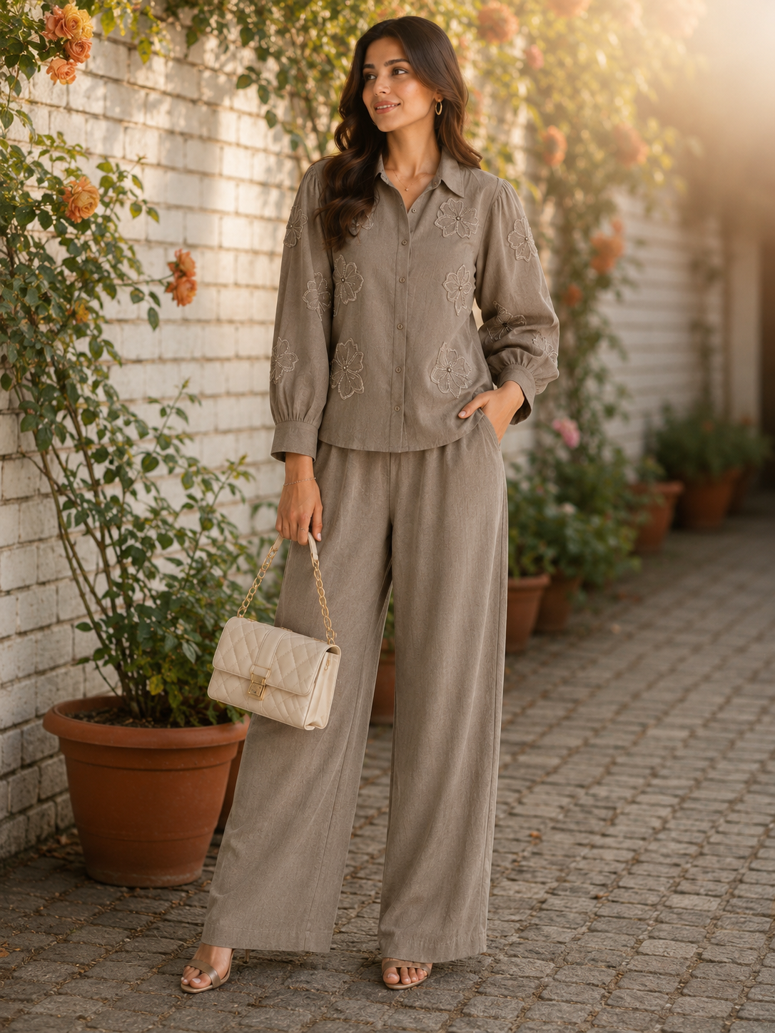 Stone Embellished Co-Ord Set with Pocket Detail – Taupe Beige