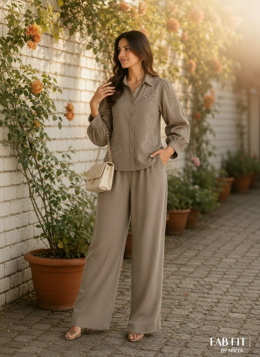 Stone Embellished Co-Ord Set with Pocket Detail – Taupe Beige