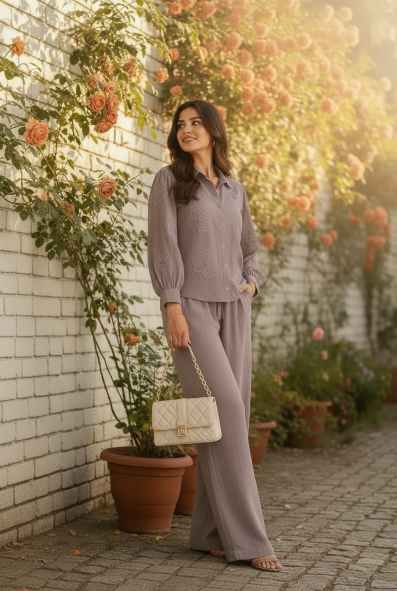 Elegant Dusty Mauve Butterfly Embellished Co-Ord Set for Women