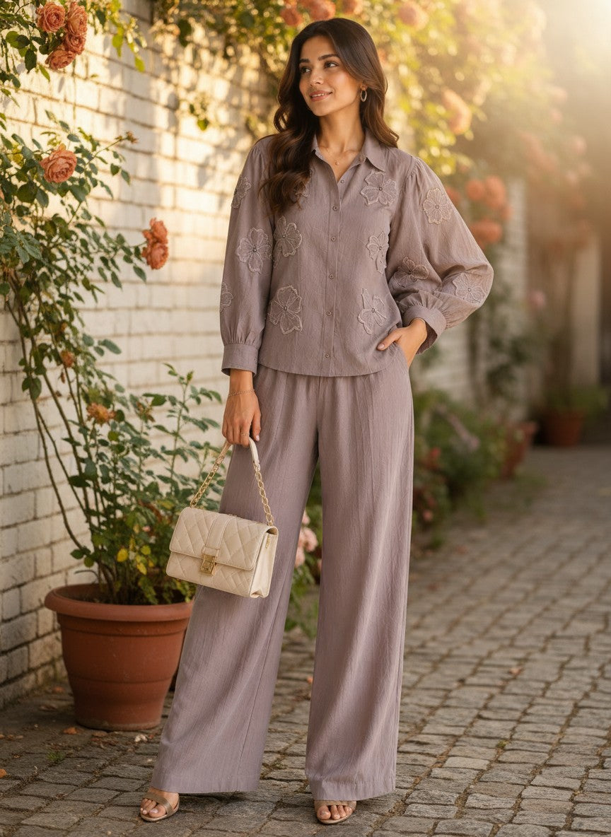 Elegant Dusty Mauve Butterfly Embellished Co-Ord Set for Women