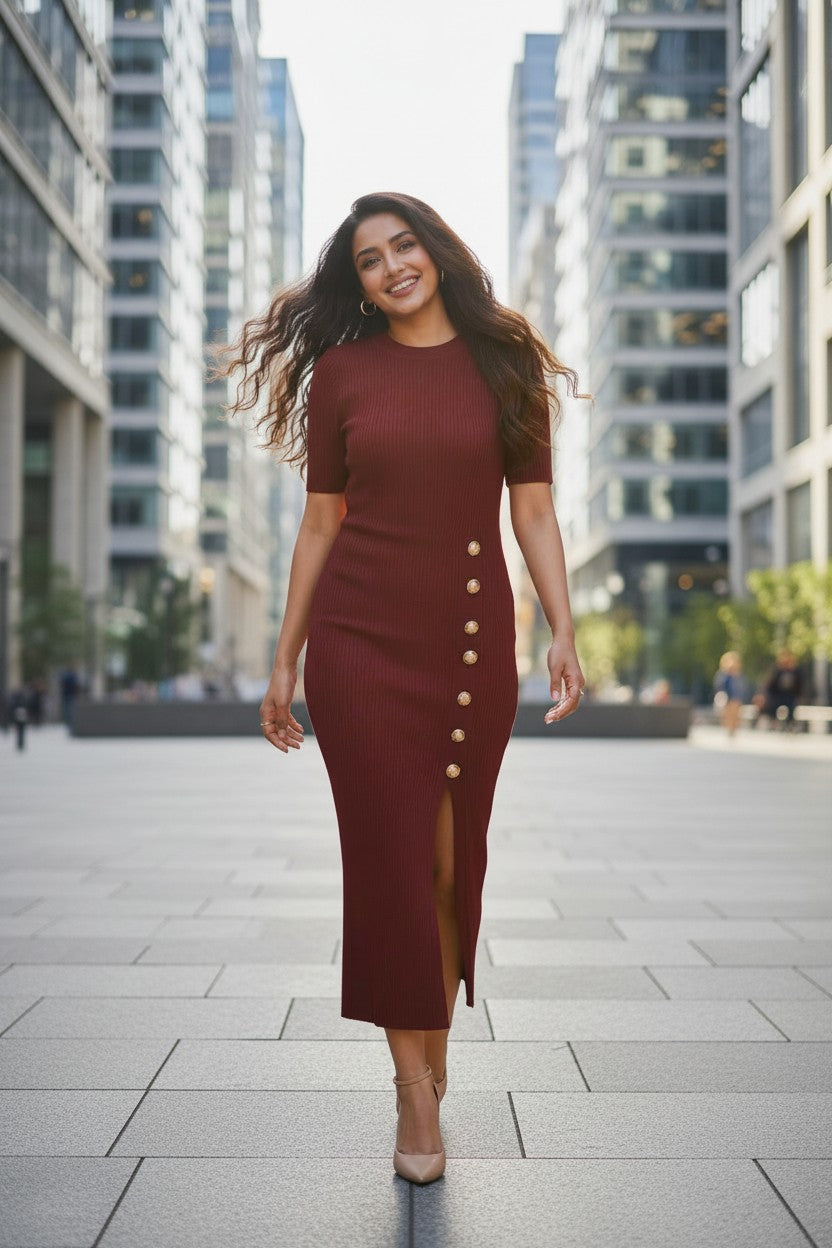 Elegant Wine Ribbed Bodycon Midi Dress for Women