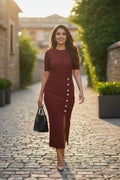 Elegant Wine Ribbed Bodycon Midi Dress for Women
