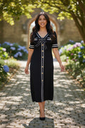 Black Contrast Knit Midi Dress with Bow Detail