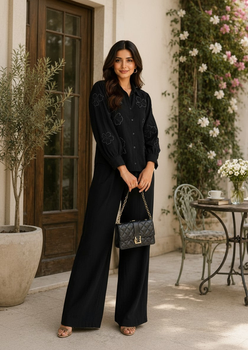 Black Stone Embellished Co-Ord Set for Women