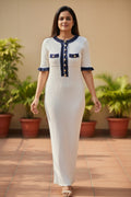 Luxury White & Navy Ribbed Knit Maxi Dress for Women