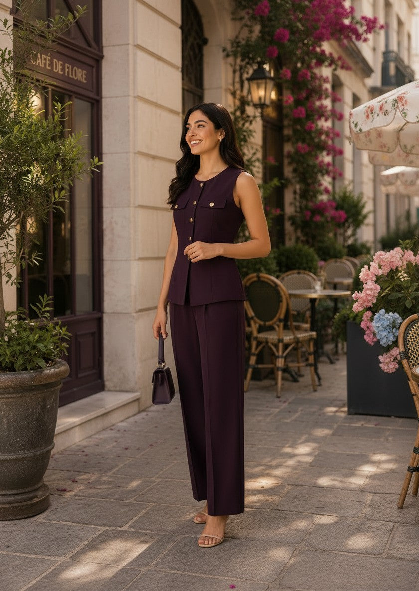 Plum Gold Button Co-Ord Set for Women