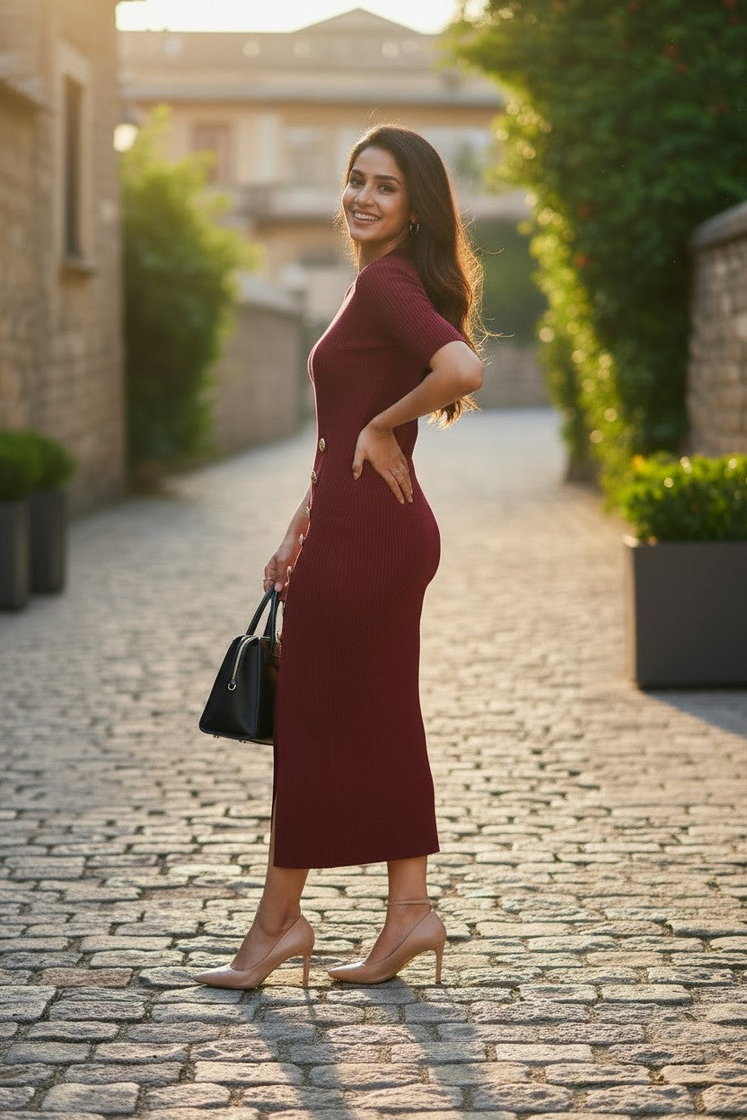 Elegant Wine Ribbed Bodycon Midi Dress for Women
