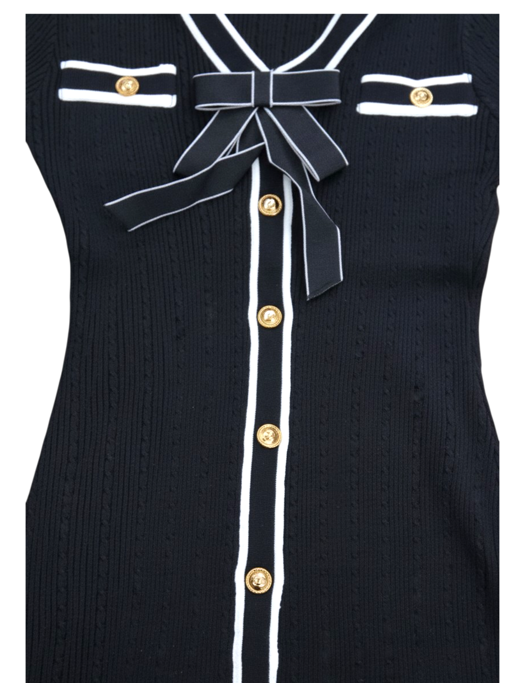 Black Contrast Knit Midi Dress with Bow Detail